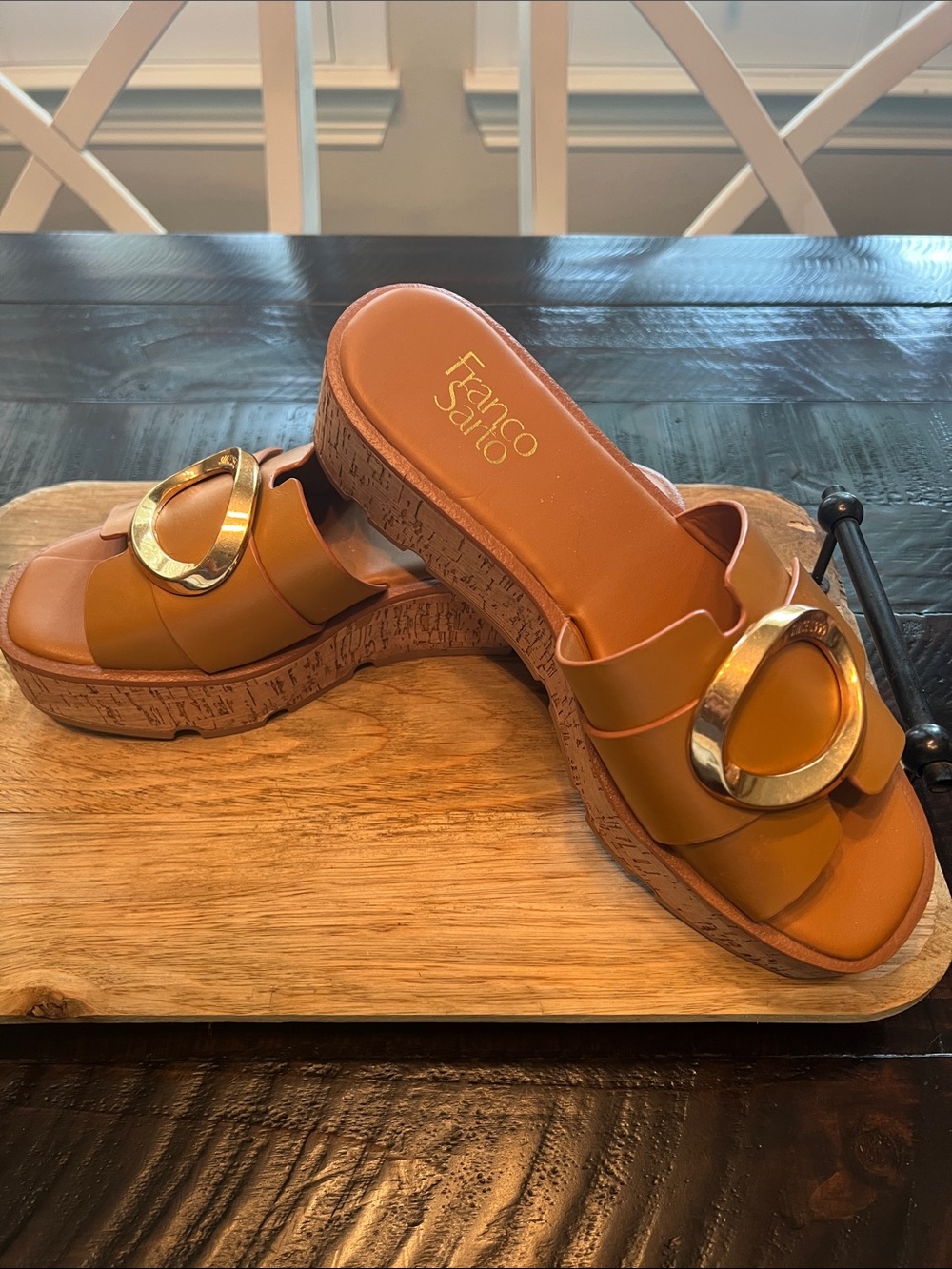 NWOT Franco Sarto Golden Tan/Cognac Leather Cork-Platform Slide with Gold Ring - Picture 2 of 7